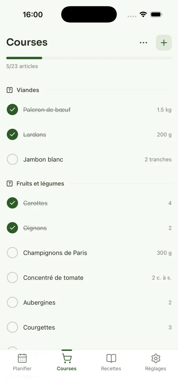 Yumiam — la liste de courses partagée, rangée par rayon