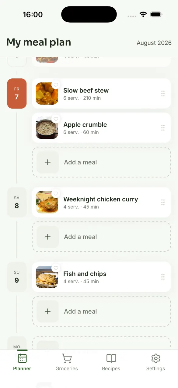 Yumiam — the week of meals, day by day