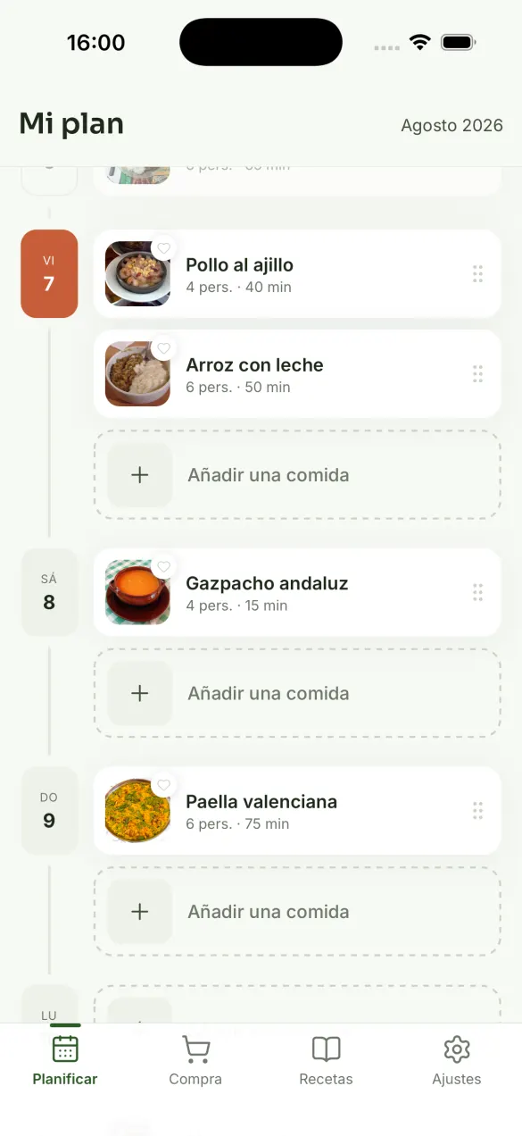 Yumiam — la semana de comidas, día a día