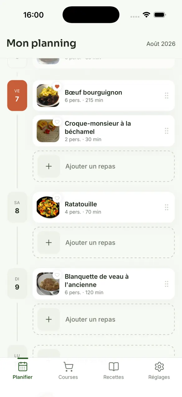 Yumiam — la semaine de repas, jour par jour