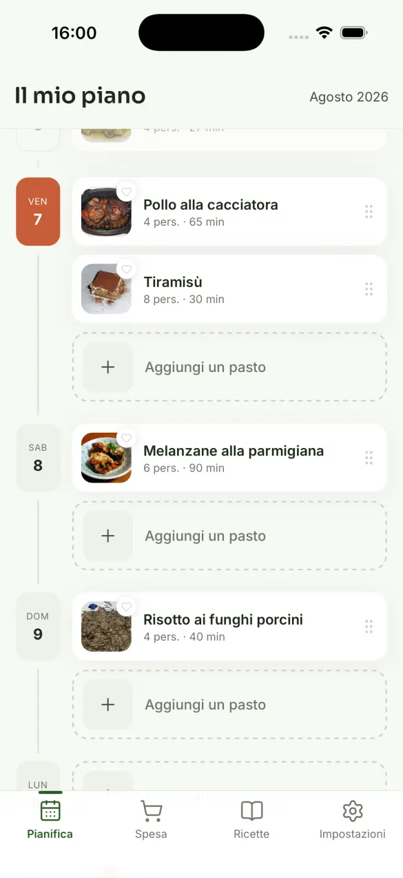 Yumiam — la settimana dei pasti, giorno per giorno