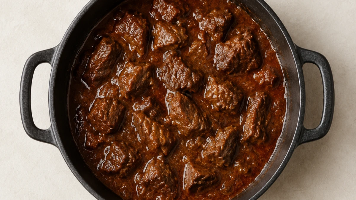 Une cocotte en fonte de goulasch de bœuf, de gros morceaux de viande dans une sauce sombre et nappante