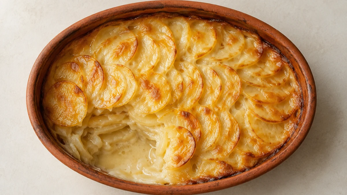 Un gratin de pommes de terre doré dans un plat en terre, une part prélevée montrant les couches serrées
