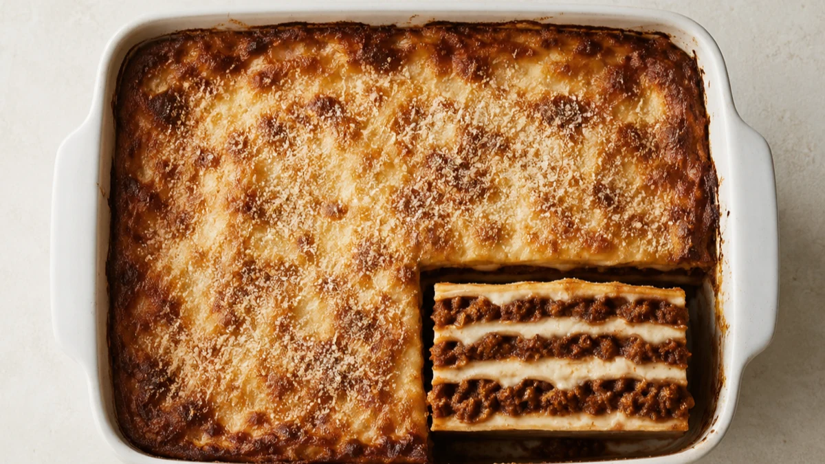 Un plat de lasagnes sorti du four, une part servie laissant voir les couches de pâte, de ragù et de béchamel