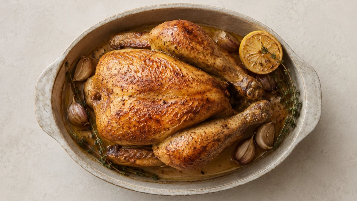 Un poulet rôti doré dans un plat, entouré de gousses d'ail et de branches de thym