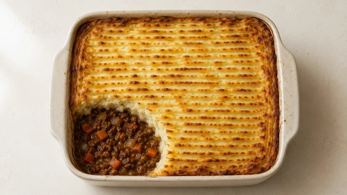 Un shepherd's pie dans un plat à gratin, la purée striée à la fourchette et dorée, une cuillerée prélevée