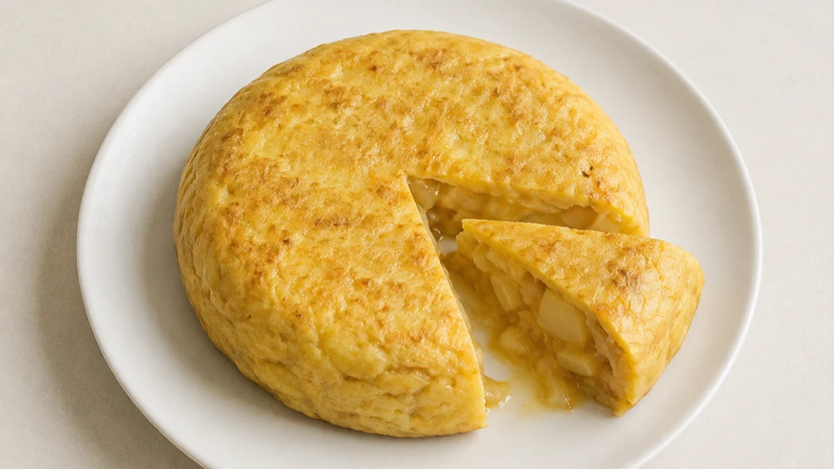 Une tortilla de pommes de terre dorée sur une assiette, une part détachée laissant voir le cœur fondant
